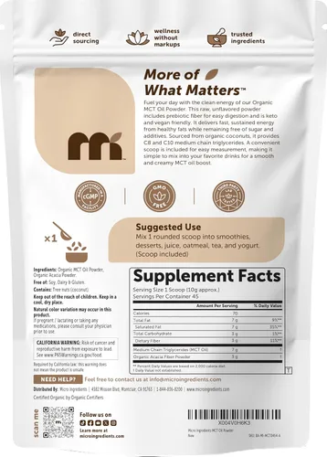 Vista 7 de Micro Ingredients Aceite MCT Orgánico en Polvo con Fibra Prebiótica, 1 Libra (16 Onzas) Aceite MCT C8 para Crema de Café Sin OGM, Dieta