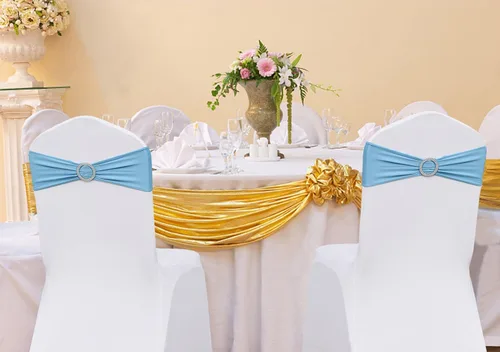 Vista 2 de Paquete de 50 bandas elásticas de elastano para sillas color azul bebé, bandas elásticas para sillas con hebillas para fiestas, celebraciones