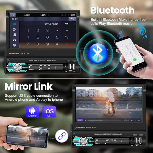Vista 5 de Radio de coche de un solo DIN con Bluetooth, Carplay inalámbrico y Android Auto, pantalla abatible de 7 pulgadas, soporte estéreo retráctil