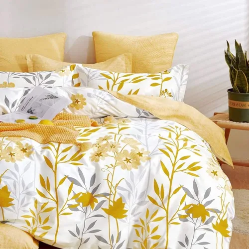 Vista 24 de SLEEPBELLA Funda de edredón tamaño Queen, 600 hilos de algodón reversible con ramas grises y flores amarillas (tamaño Queen, hojas blancas)