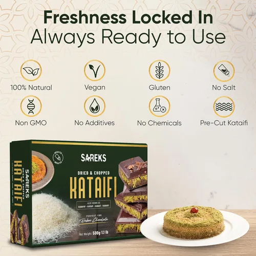 Vista 6 de Kataifi Masa de fillo rallada 500 g (17.6 oz) - Seca picada, sin sal, a base de plantas Para barra de chocolate con pistacho Dubai, Kunafa