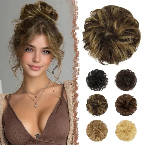 Vista 8 de FESHFEN Moños Desordenados Humanos - 100% Cabello Humano Moño Real Coleteros Piezas de Cabello Extensiones de Cola de Caballo Onduladas Despeinadas