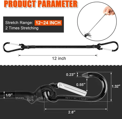 Vista 6 de Cuerda elástica de 12 pulgadas con gancho de mosquetón, cuerdas elásticas negras de 13 pulgadas de grosor, correas elásticas resistentes al aire