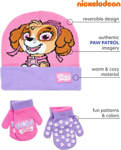 Vista 2 de Nickelodeon Sombrero de invierno para niñas de Paw Patrol y 2 pares de manoplas o guantes (edad 2-7)