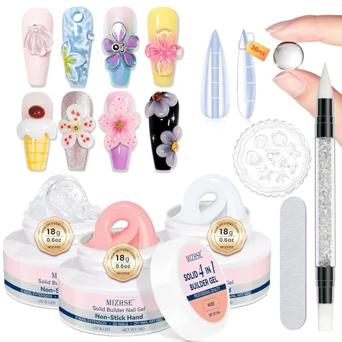 Vista 12 de MIZHSE Gel 3D transparente para arte de uñas, gel constructor sólido para uñas, 5 en 1, escultura no pegajosa, geles de extensión de uñas