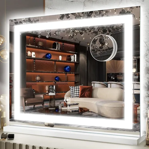 Vista 9 de FENNIO Espejo de tocador con luces – Espejo de maquillaje con luz LED de 15"x12.6", espejo de maquillaje grande con luces, pantalla táctil