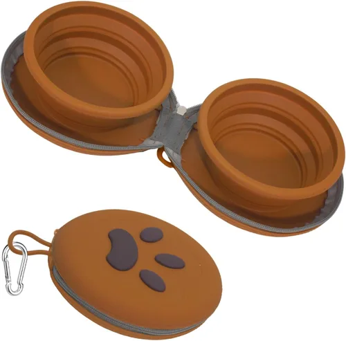 Cuencos plegables para perros, tazón de silicona 2 en 1 para comida y agua para mascotas con mosquetón, plato portátil de doble compartimento para