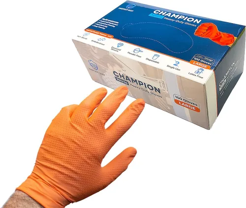 Vista 2 de CHAMPION - Guantes de nitrilo naranja, 8 mil, guantes de resistencia industrial, automotriz y mecánico