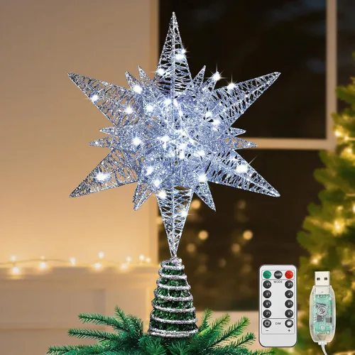 Vista 14 de Lewondr - Estrella para punta de árbol de Navidad de 15.35 pulgadas, 20 luces LED, USB y control remoto, diseño de estrella de Belén Polaris