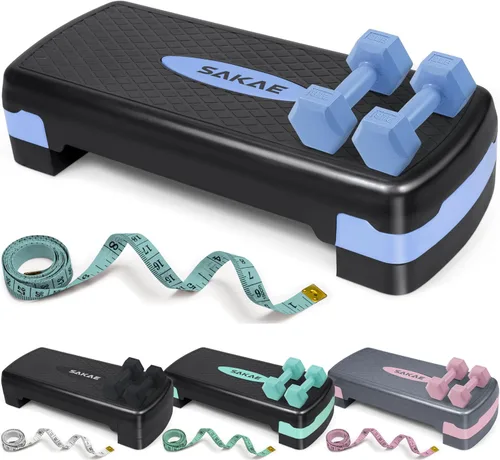 Vista 9 de Juego de Step Aeróbico con Mancuernas y Cinta Métrica, Altura Ajustable con Elevadores de 2 Niveles, Plataforma de Step para Ejercicios