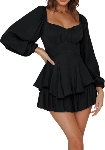 Louatui Mameluco con volantes para mujer, con hombros descubiertos, manga abombada, con vuelo, vestido corto fruncido