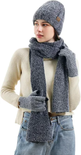 Vista 7 de Gorro de punto cálido para mujer, para pantalla táctil, conjunto de bufanda larga con forro polar y gorras de calavera para mujeres y hombres