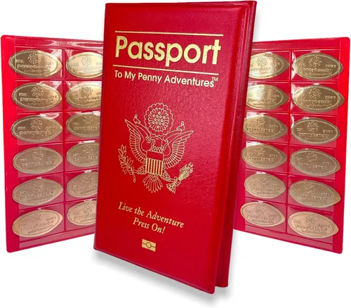 Pennybandz Penny Passport to My Penny Adventures - Libro de colección de recuerdos prensado con capacidad para 48 monedas, cuero vegano, cada libro