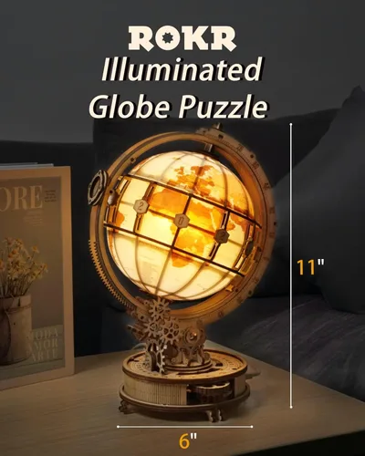 Vista 2 de ROKR Rompecabezas de madera 3D para adultos, rompecabezas de globo de madera con iluminación LED, kits de construcción de modelos, decoración