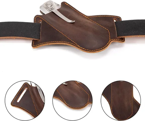 Vista 4 de Leather Knife Sheath for Belt,Pocket Knife Holder,EDC Belt Pocket Organizer,Handmade Cross Draw Left Side Carry Open Knife Holster,EDC Leather