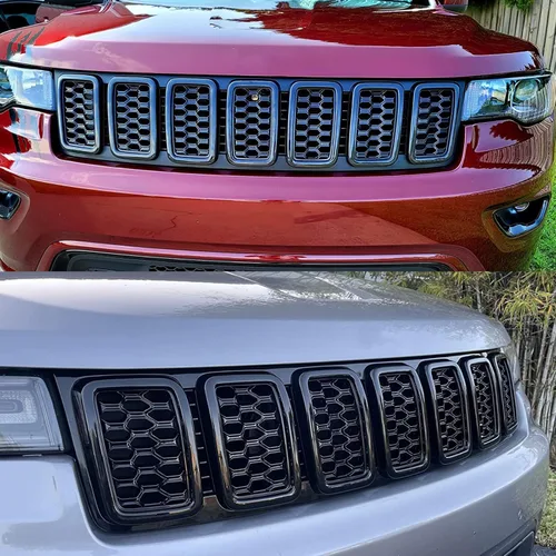 Vista 4 de Juego de 7 piezas de anillos de malla frontal de nido de abeja negro brillante compatibles con Jeep Grand Cherokee 2017 2018 2019 2020 2021