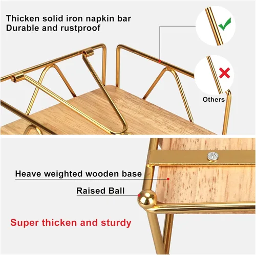 Vista 5 de Servilletero dorado moderno para mesa con brazo pesado, servilletero plano de metal cuadrado para servilletas de granja, bandeja rústica