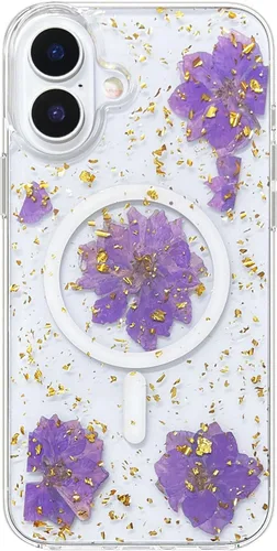 Vista 12 de Abbery Funda magnética para iPhone 14 Pro Max de 6.7 pulgadas, compatible con MagSafe Cute Clear with Design Glitter Sparkle Real Dry Pressed Flower