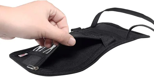 Vista 4 de Cartera de cuello con bloqueo RFID, bolsa de viaje para pasaporte para mujeres y hombres, color negro