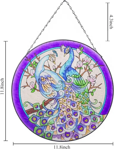 Vista 6 de Colgantes de ventana de cristal de pavo real de 11.8 pulgadas, decoración artística de pared de pavo real, panel atrapasoles con cadena (morado)