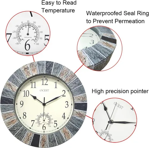 Vista 4 de OCEST Reloj grande de 13 pulgadas para interiores y exteriores, reloj de pared impermeable con termómetro, resistente al clima, sin tictac, funciona