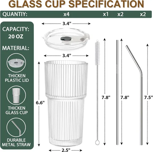 Vista 4 de Tazas de café helado con tapas y pajitas, vaso de vidrio de 20 onzas con popote y tapa, vasos de vidrio transparente acanalado reutilizables