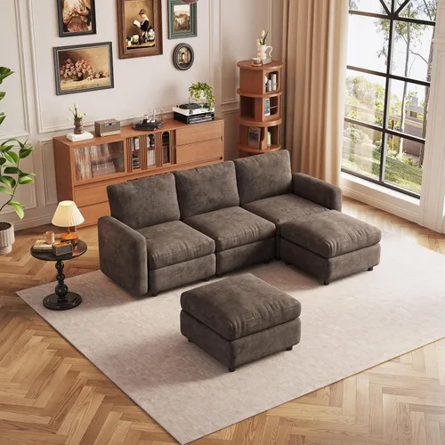 Vista 138 de Guyii Sofá modular de terciopelo, moderno sofá de 4 plazas de gran tamaño con 3 almohadas y reposapiés de almacenamiento, sofá convertible de 115.74