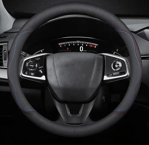 Vista 10 de Funda de cuero para volante de automóvil, transpirable, perforada con láser, líneas dobles negras puras, textura premium, 14.5-15 pulgadas para BMW