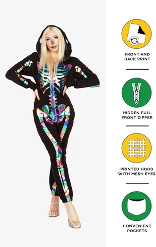 Vista 5 de Tipsy Elves - Disfraz de esqueleto de Halloween para mujer con estampado de espalda disfraz de esqueleto