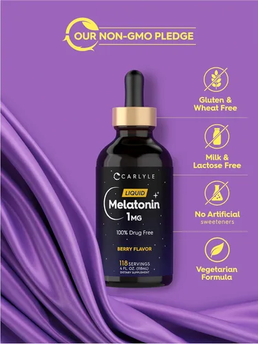 Vista 5 de Carlyle Melatonina líquida 1 mg Gotas de 4 onzas líquidas Sabor a bayas Suplemento vegetariano sin OMG, suplemento vegetariano