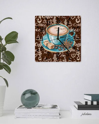 Vista 2 de Wall Clock Coffee Cup Beans Operated Clocks Wooden Silent Non-Ticking Wallclock 10 Inch Sugar Farmhouse Style Vintage Wood Square Wall Clock for