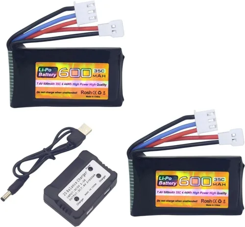 Batería Lipo de 2 piezas 7.4V 600mAh 35C 2S con enchufe Molex y cargador 1trailer2 adecuado para FMS FCX24 RC coches, camiones, vehículos eléctricos