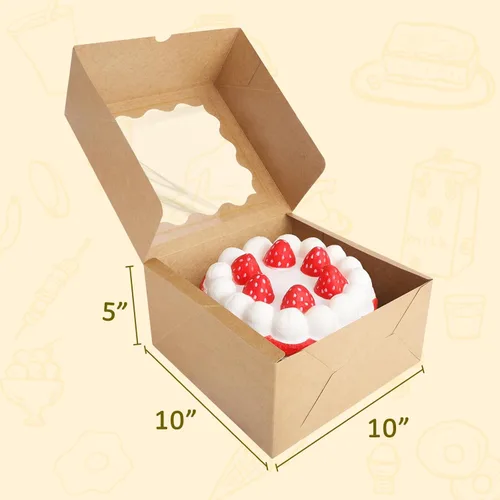 Vista 2 de Eupako Cajas para tartas con ventana de 10 x 10 x 5 pulgadas, 25 unidades, cajas de panadería marrones para tartas, galletas, pasteles, chocolates