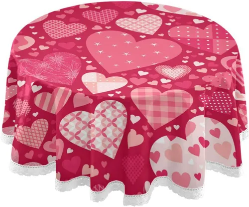 aportt Mantel redondo para el día de San Valentín de 60 pulgadas, color rosa y rojo, con corazones, mantel de encaje resistente al agua, a prueba de