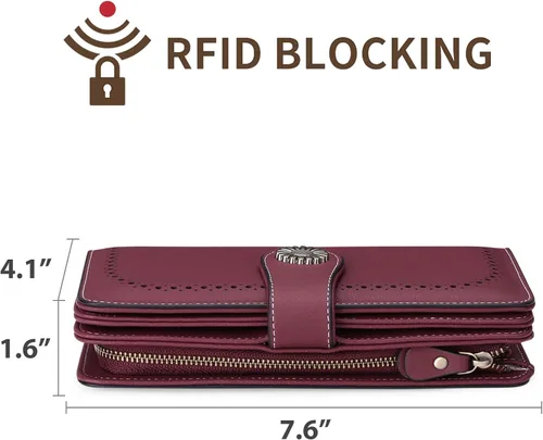 Vista 3 de Sendefn Carteras de cuero auténtico, para mujer, con tarjetero y bloqueo de interferencia de radiofrecuencia (RFID), de gran capacidad y con correa