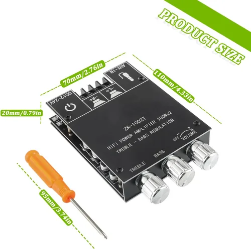 Vista 5 de Placa de amplificador Bluetooth de 100W+100W con control de agudos y bajos Chips TPA3116D2 DC 9-24V Entradas BT y AUX 2.0 Canales Placa