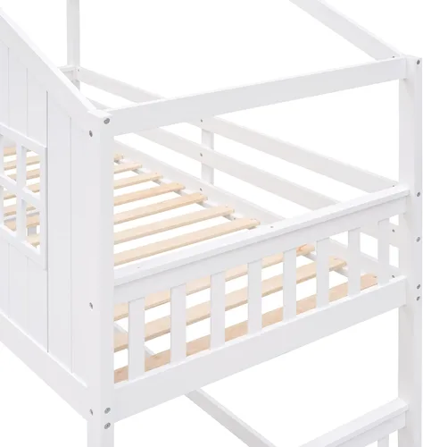 Vista 69 de Cama de casa de tamaño individual con elegantes ventanas y estantería, litera con diseño de castillo de madera con barandillas de seguridad