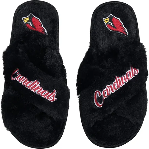 Vista 17 de FOCO Pantuflas deslizantes cruzadas mullidas con logotipo de texto del equipo NFL para mujeres