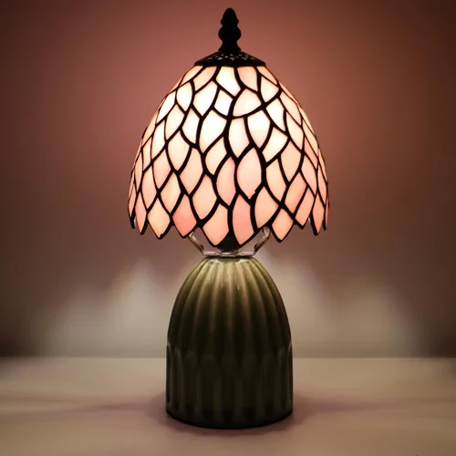 Tiffany Lamp Stained Glass Mushroom Table Lamps 6X6X12.5 Inch Pink Leaf Style Small Night Light Ceramic Base Mini Accent Desk Light Suitable for