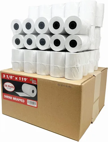 Vista 27 de (100 rollos) 2 1/4 x 50 Rollos de papel térmico para recibo de 55 GSM, papel alemán de calidad premium, se adapta a todos los terminales de tarjetas