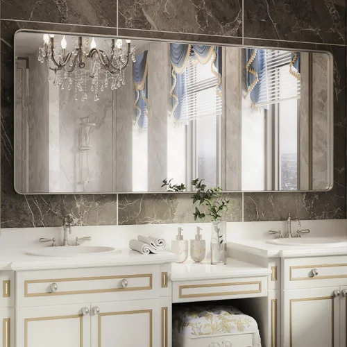 Vista 52 de ISKM Espejo de baño con marco de metal negro para pared de 40 x 32 pulgadas, espejo rectangular redondeado, antioxidante (horizontal/vertical)