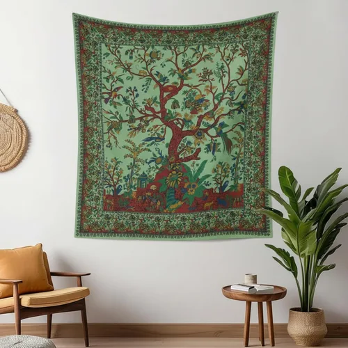 Vista 22 de Craft Trade Tapiz de algodón indio con mandala para colgar en la pared, diseño de árbol de la vida, estético, bohemio, hippie, sala de estar, Verde
