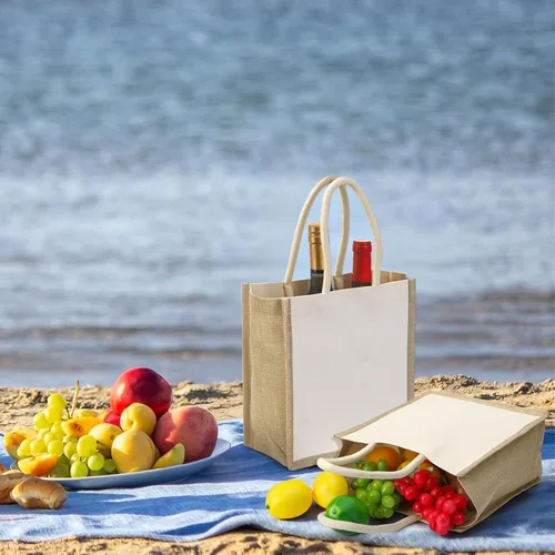 Vista 7 de SOUJOY Paquete de 6 bolsas de yute con asas, bolsas de regalo reutilizables de yute con asas, pequeñas bolsas de playa, bolsa de lona para compras