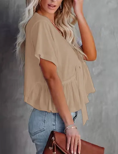 Vista 3 de Fanway&EC - Blusas de manga corta con cuello en V para mujer, dobladillo con volantes, lazo frontal, camisetas cortas ligeras, básicas, de verano