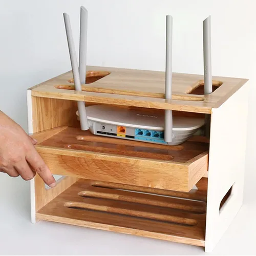 Vista 3 de Cable Organizer Box Double-Layer Wooden Router Storage Box Home Office Handmade Cable Tidy Box with Removable Partitions Desktop Tidy Power Strip