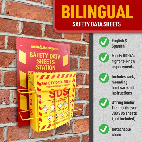 Vista 2 de Osha4Less - Estación de fichas de datos de seguridad bilingüe. Bastidor de alambre y carpeta de 3" con pictogramas de GHS