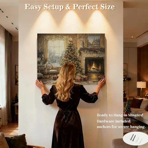 Vista 5 de Artiluxy Lienzo decorativo para pared con luces LED de Navidad, árbol de Navidad iluminado de 24 x 18 pulgadas con escena de chimenea, funciona