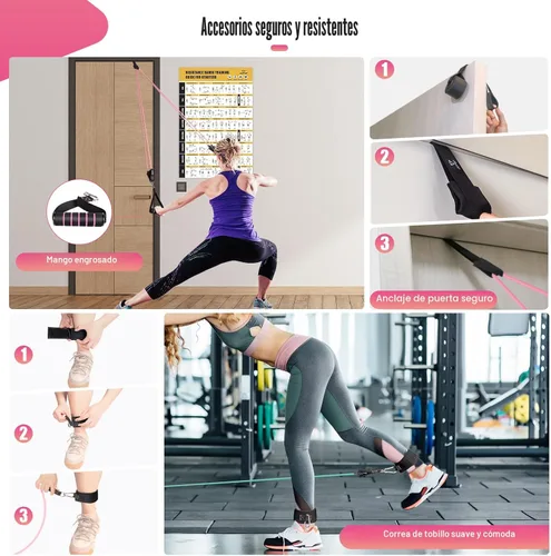 Vista 4 de Bandas de resistencia con asas para mujeres, bandas de ejercicio de 5 niveles para terapia física, yoga, pilates, anclaje de puerta, bolsa