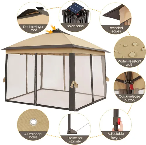 Vista 5 de Yaheetech Carpa de campaña instantánea desplegable de 11 x 11 pies con 17 luces LED solares y mosquitero con cremallera, refugio al aire libre