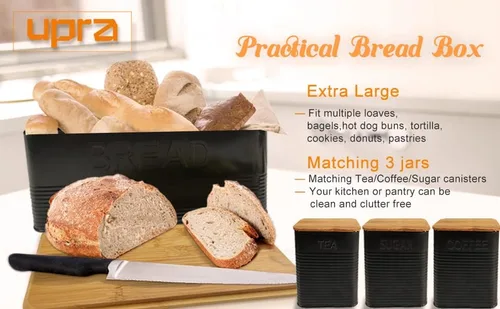 Vista 8 de Kit de caja de pan, caja de pan con tapa de tabla de cortar de bambú extra, soporte para ahorrar espacio, contenedor de metal - (negro) retro
